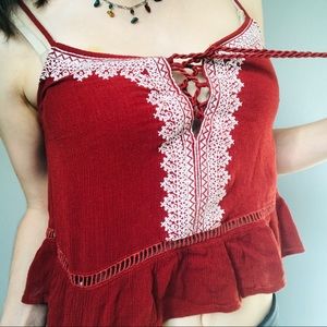 Red crop top white embroidery tassels